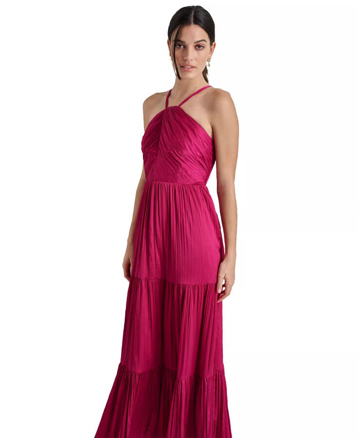 Women's Sleeveless Tiered Pleated Halter-Neck Dress Raspberry Cocktail - 4