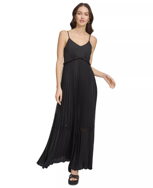 Women's Solid Tiered Pleated Sleeveless Mesh Maxi Dress Black - 1