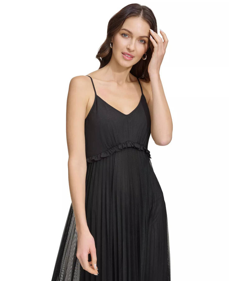 Women's Solid Tiered Pleated Sleeveless Mesh Maxi Dress Black - 4