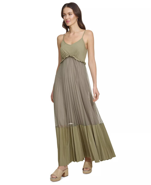 Women's Solid Tiered Pleated Sleeveless Mesh Maxi Dress Lght Fatig - 3