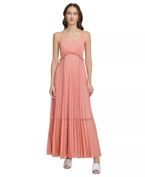 Women's Solid Tiered Pleated Sleeveless Mesh Maxi Dress Summer - 1