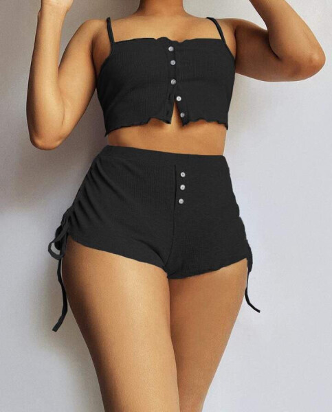 Women's spaghetti strap crop top and two-piece corset short set with ruched sides. - 1