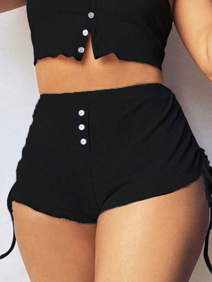 Women's spaghetti strap crop top and two-piece corset short set with ruched sides. - 2