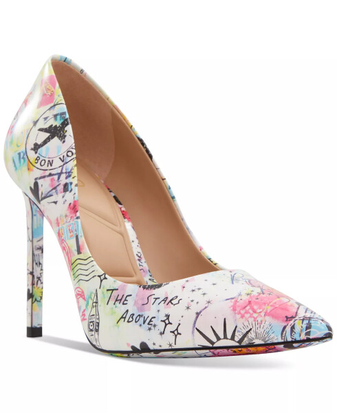 Women's Stessy 2.0 Printed Pointed-Toe Stiletto Pumps Patent White Travel Stamp Multi - 1