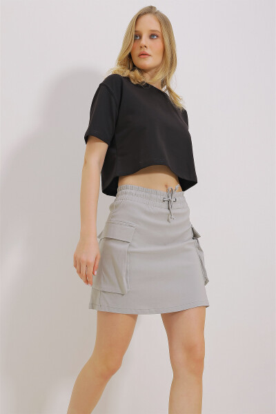 Women's Stone Cargo Pocket Elastic Waist Short Skirt ALC-X11467 - 3