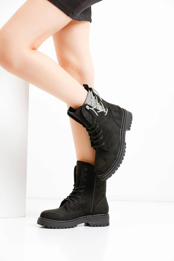 Women's Stone-Embellished Boots P410 - Black Suede - 2