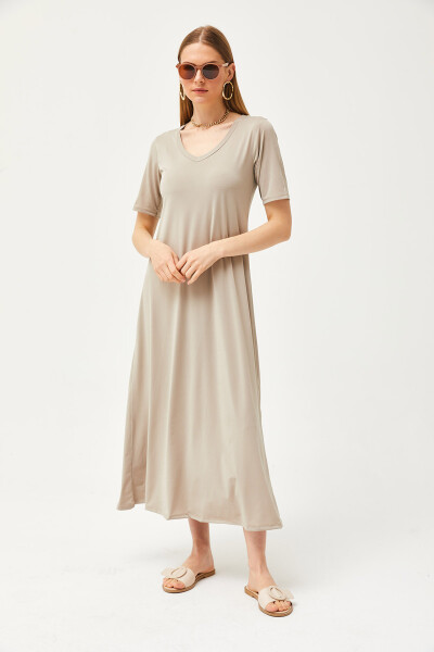 Women's Stone V Neck Relaxed Maxi Dress ELB-19002076 - 2