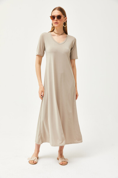 Women's Stone V Neck Relaxed Maxi Dress ELB-19002076 - 3