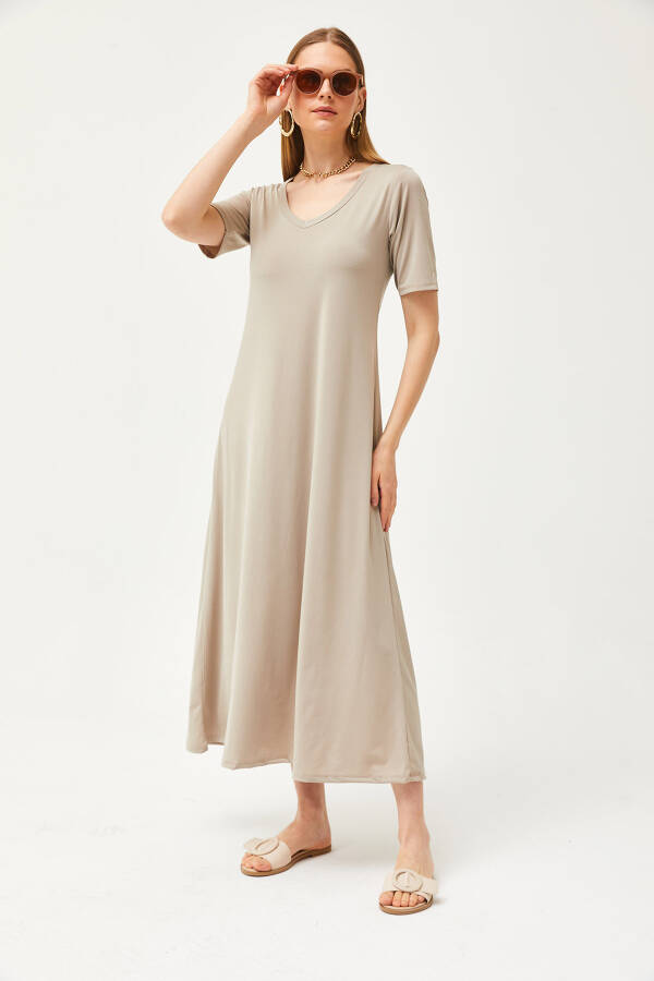 Women's Stone V Neck Relaxed Maxi Dress ELB-19002076 - 5