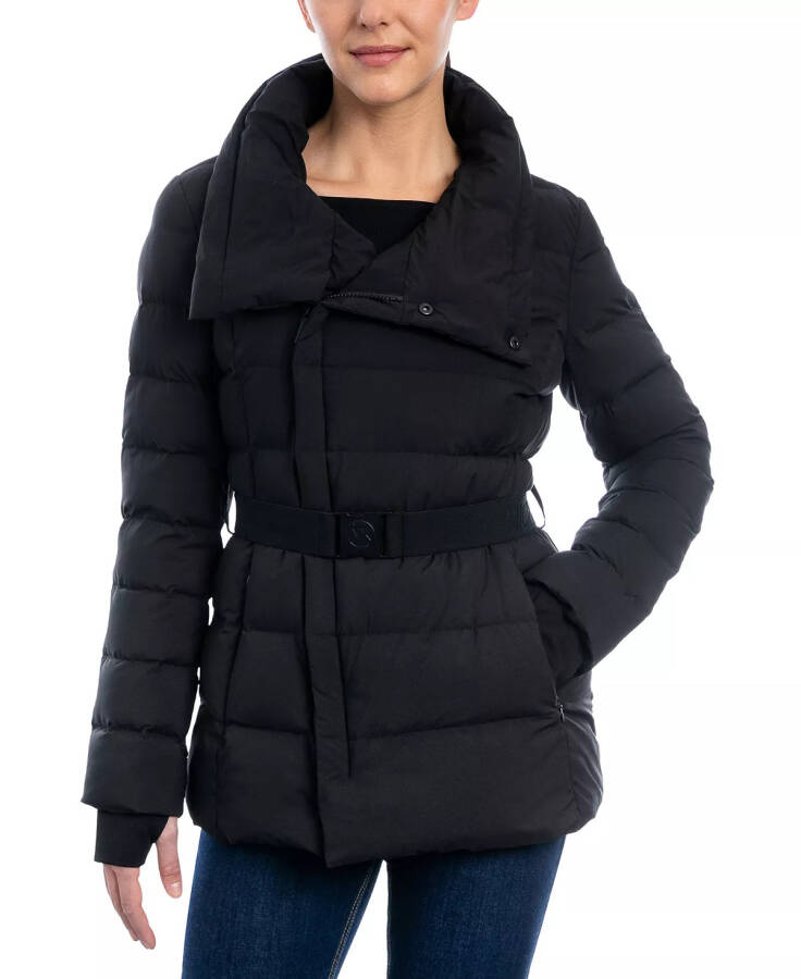 Women's Stretch Asymmetrical Belted Down Puffer Coat Black - 1