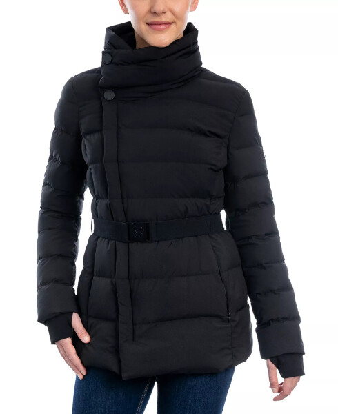 Women's Stretch Asymmetrical Belted Down Puffer Coat Black - 3