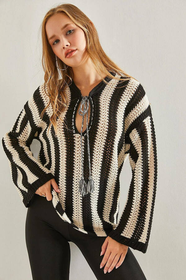 Women's Striped Front Tie Lace Knit Sweater - 1