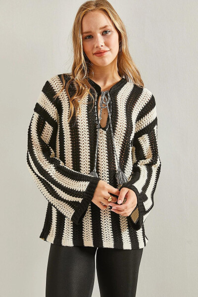 Women's Striped Front Tie Lace Knit Sweater - 5