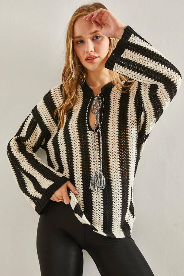 Women's Striped Front Tie Lace Knit Sweater - 7