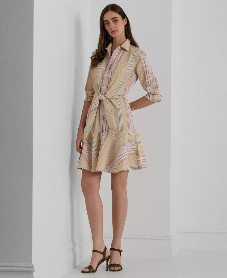 Women's Striped Tie-Waist Broadcloth Shirtdress Tan Multi - 1