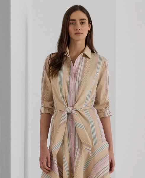 Women's Striped Tie-Waist Broadcloth Shirtdress Tan Multi - 3