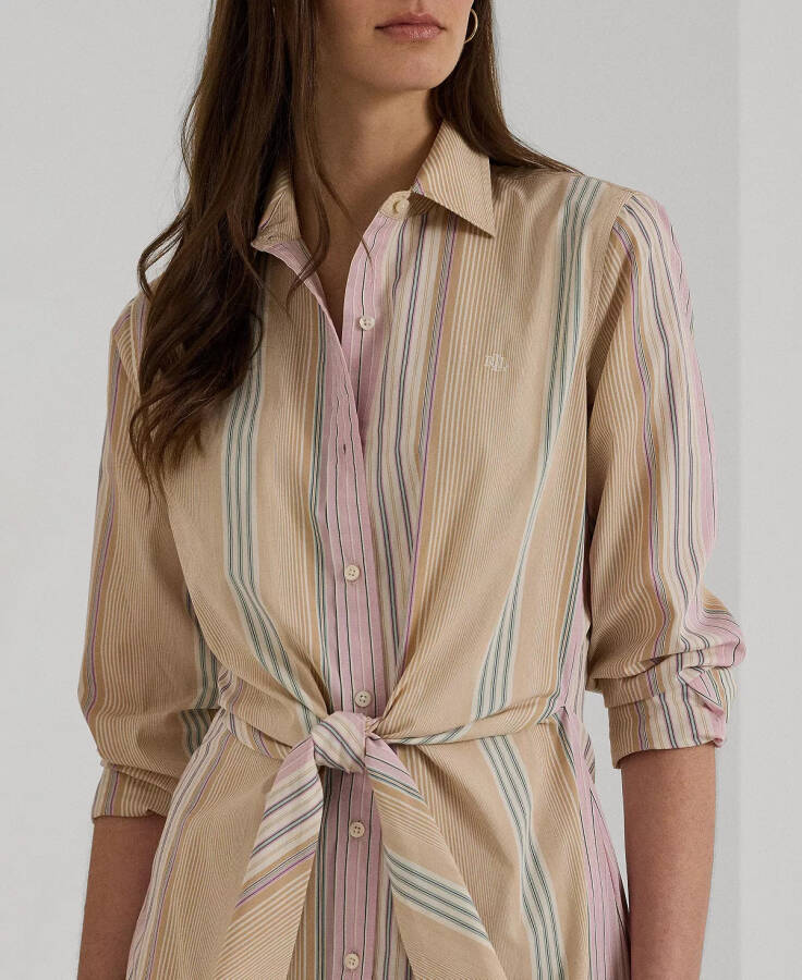 Women's Striped Tie-Waist Broadcloth Shirtdress Tan Multi - 4