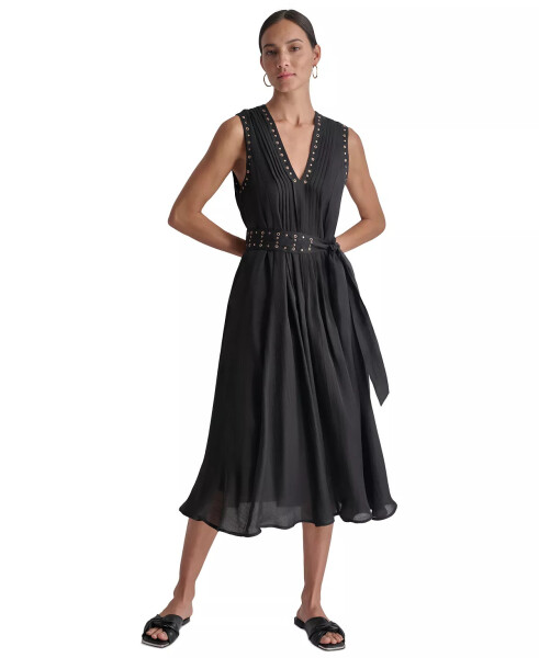 Women's Studded Grommet-Trim V-Neck Belted Dress Black - 1