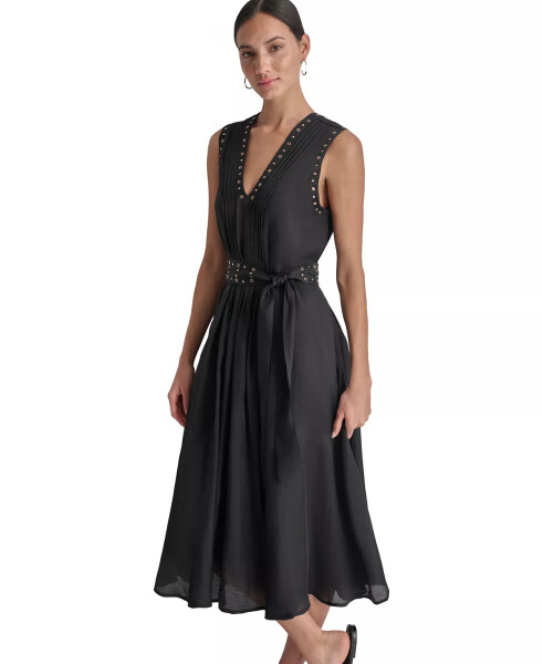 Women's Studded Grommet-Trim V-Neck Belted Dress Black - 3