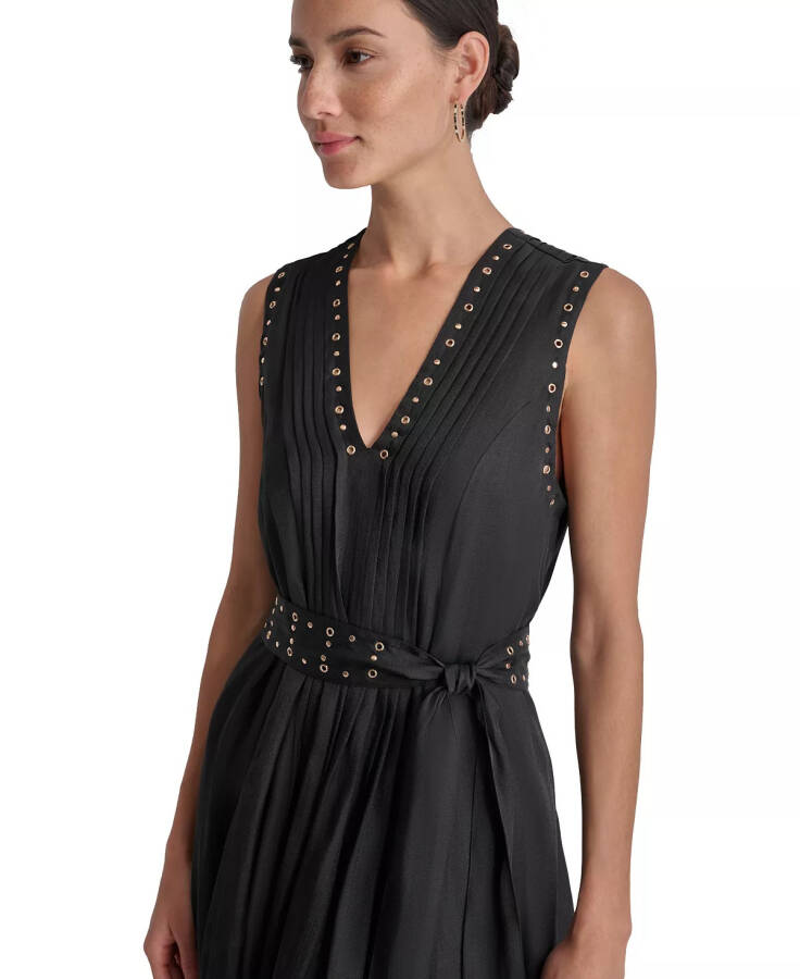 Women's Studded Grommet-Trim V-Neck Belted Dress Black - 4