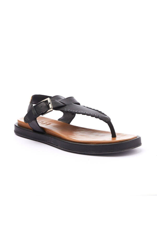 Women's summer sandals, black genuine leather, thong sole, coffee leather ankle strap. - 1