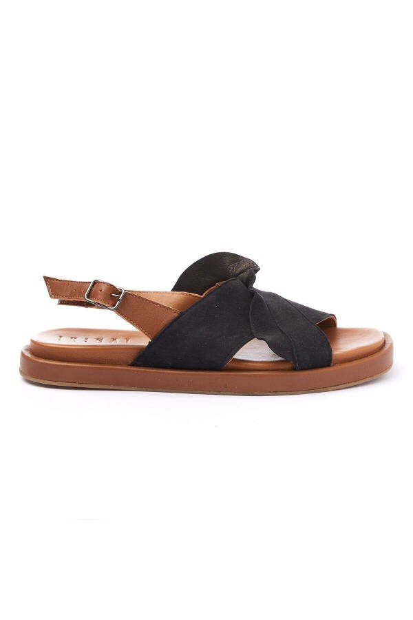 Women's summer sandals, black suede sole, brown soft genuine leather, ankle strap. - 2