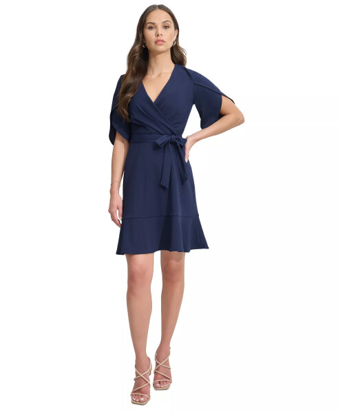 Women's Surplice-Neck Tulip-Sleeve Belted Dress Navy - 1