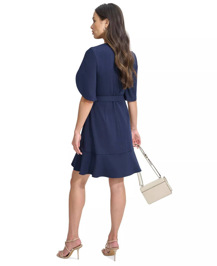 Women's Surplice-Neck Tulip-Sleeve Belted Dress Navy - 2