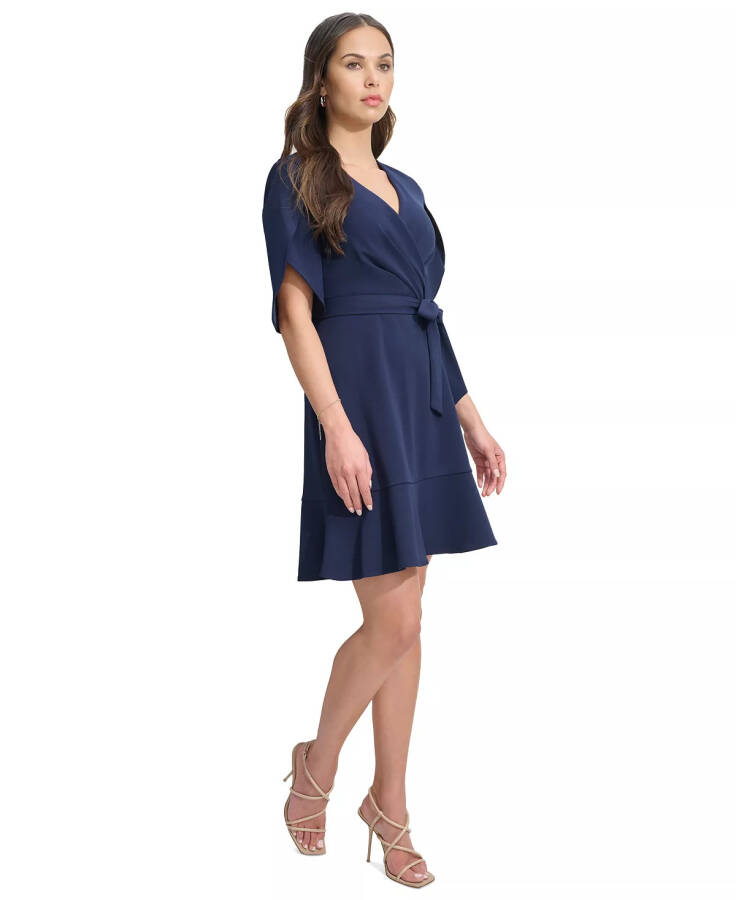 Women's Surplice-Neck Tulip-Sleeve Belted Dress Navy - 3