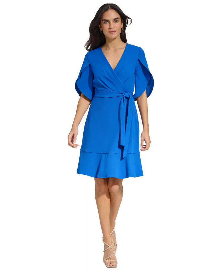 Women's Surplice-Neck Tulip-Sleeve Belted Dress Sapphire - 1