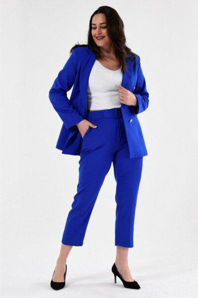 Women's Teal Blazer Jacket with Belt, Pockets and Wide Leg Trousers Plus Size Suit - 2