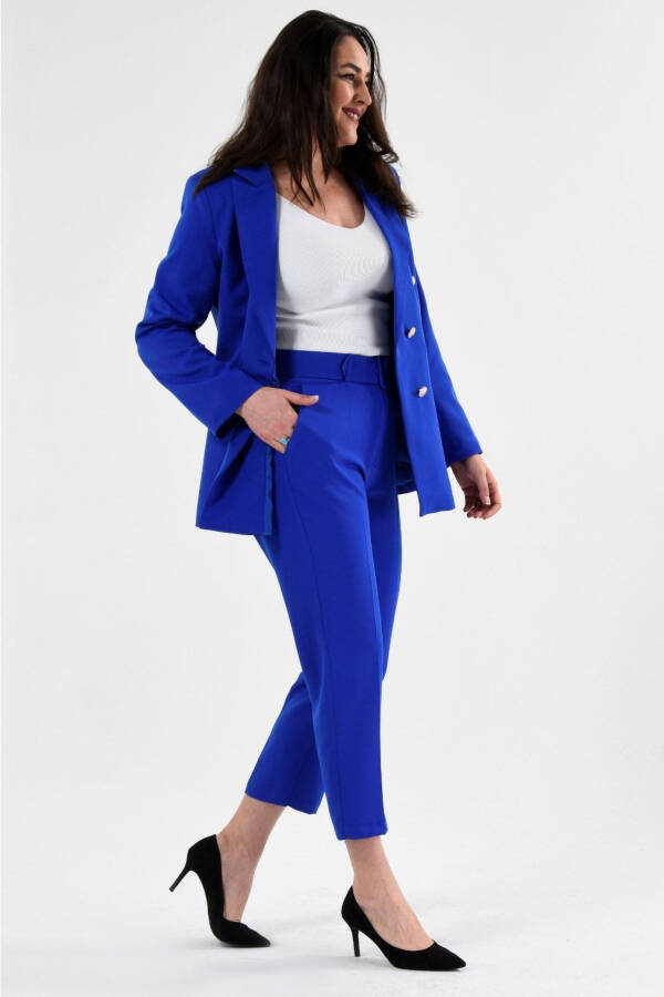 Women's Teal Blazer Jacket with Belt, Pockets and Wide Leg Trousers Plus Size Suit - 3