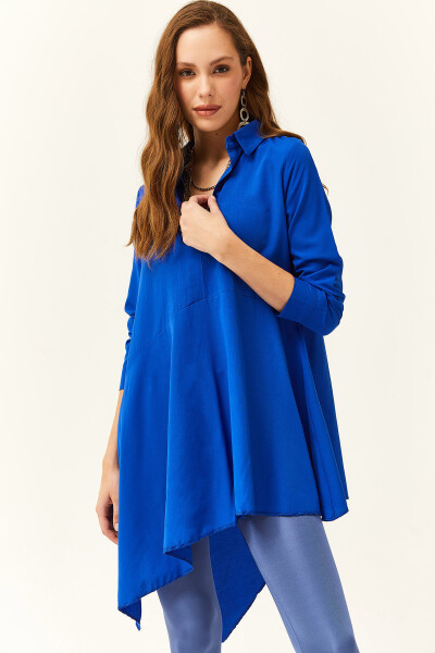 Women's Teal Blue Shirt Collar Asymmetric Tunic - 1