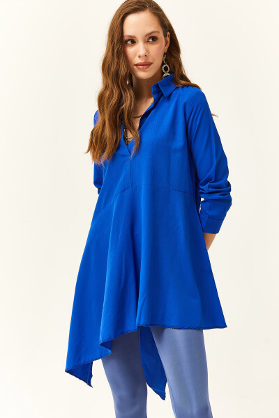 Women's Teal Blue Shirt Collar Asymmetric Tunic - 2