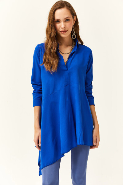 Women's Teal Blue Shirt Collar Asymmetric Tunic - 3