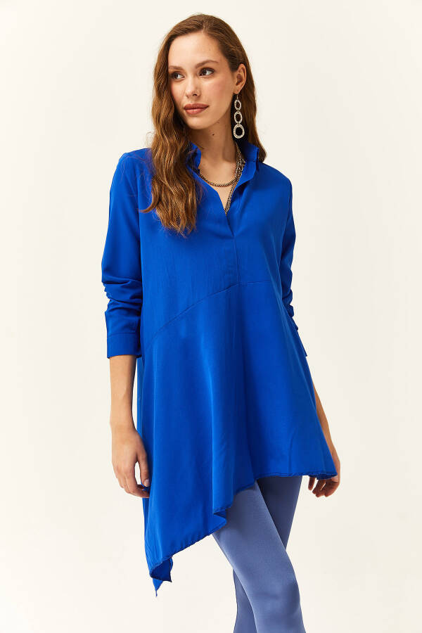 Women's Teal Blue Shirt Collar Asymmetric Tunic - 4