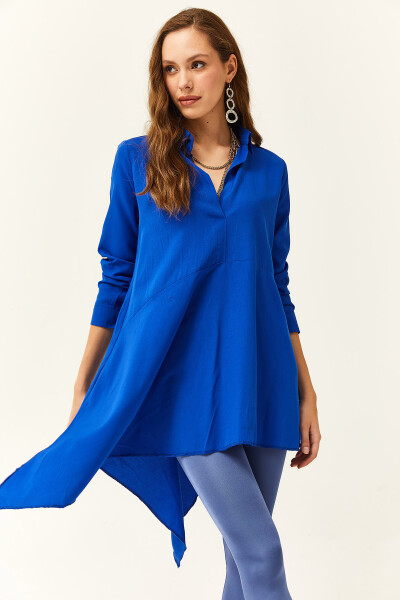 Women's Teal Blue Shirt Collar Asymmetric Tunic - 5