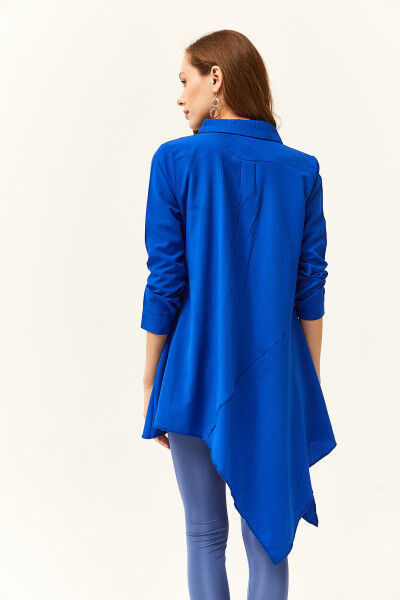 Women's Teal Blue Shirt Collar Asymmetric Tunic - 6