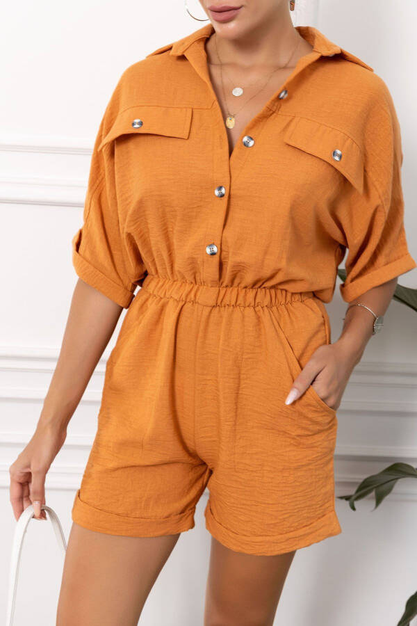 Women's Terracotta Batwing Sleeve Pocket Elastic Waist Short Jumpsuit - 1