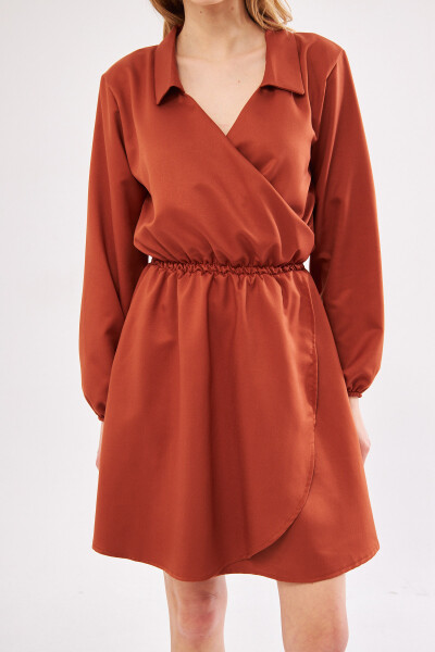 Women's Terracotta Wrap V-Neck Dress with Elastic Sleeves and Waist ARM-24Y001013 - 7