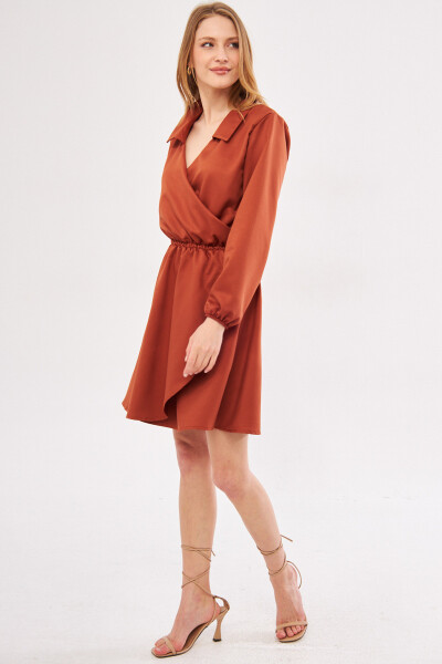 Women's Terracotta Wrap V-Neck Dress with Elastic Sleeves and Waist ARM-24Y001013 - 9