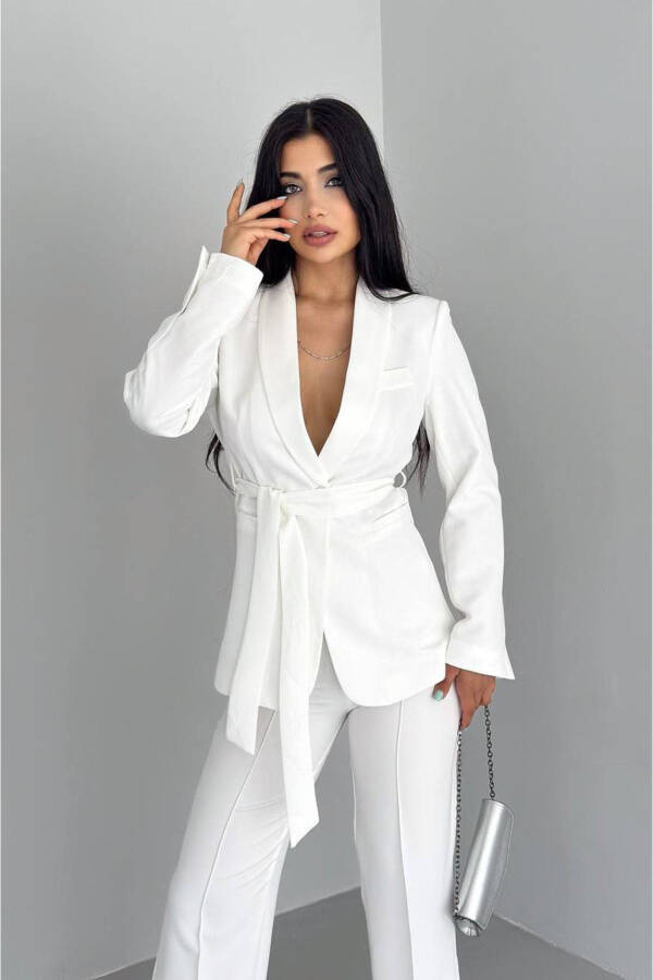 Women's Tie-Front Faux Pocket Belted Shawl Collar Blazer Jacket Straight Leg Elastic Trousers Suit Dress - 6