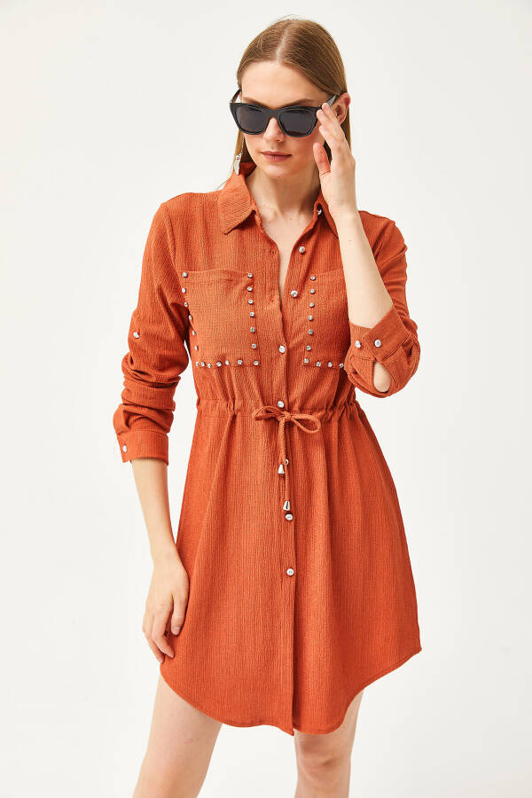 Women's Tile Pocket Belted Dress with Stone Details ELB-19002064 - 3