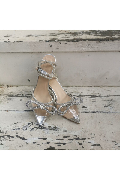 Women's Transparent 7 Cm Stiletto Bridal Shoes with Stones and Bow - 1