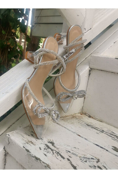 Women's Transparent 7 Cm Stiletto Bridal Shoes with Stones and Bow - 3