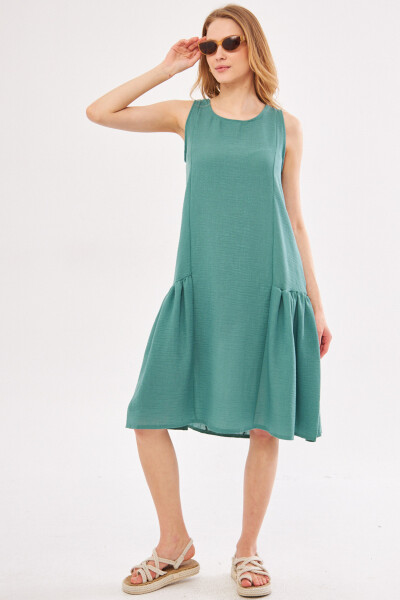 Women's Turquoise Decapende Dress with Ruffled Sides, Sleeveless, Linen Look, Midi Length ARM-24Y001037 - 7