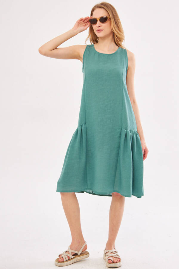 Women's Turquoise Decapende Dress with Ruffled Sides, Sleeveless, Linen Look, Midi Length ARM-24Y001037 - 7