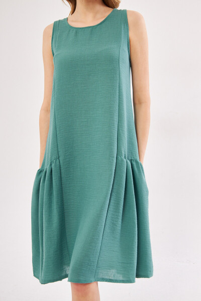 Women's Turquoise Decapende Dress with Ruffled Sides, Sleeveless, Linen Look, Midi Length ARM-24Y001037 - 8