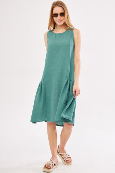 Women's Turquoise Decapende Dress with Ruffled Sides, Sleeveless, Linen Look, Midi Length ARM-24Y001037 - 9