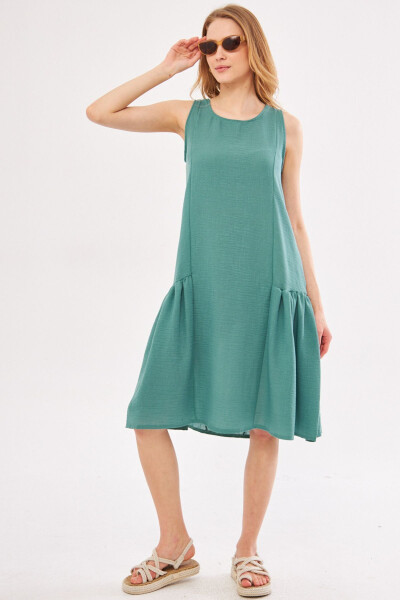 Women's Turquoise Decapende Dress with Ruffled Sides, Sleeveless, Linen Look, Midi Length ARM-24Y001037 - 2